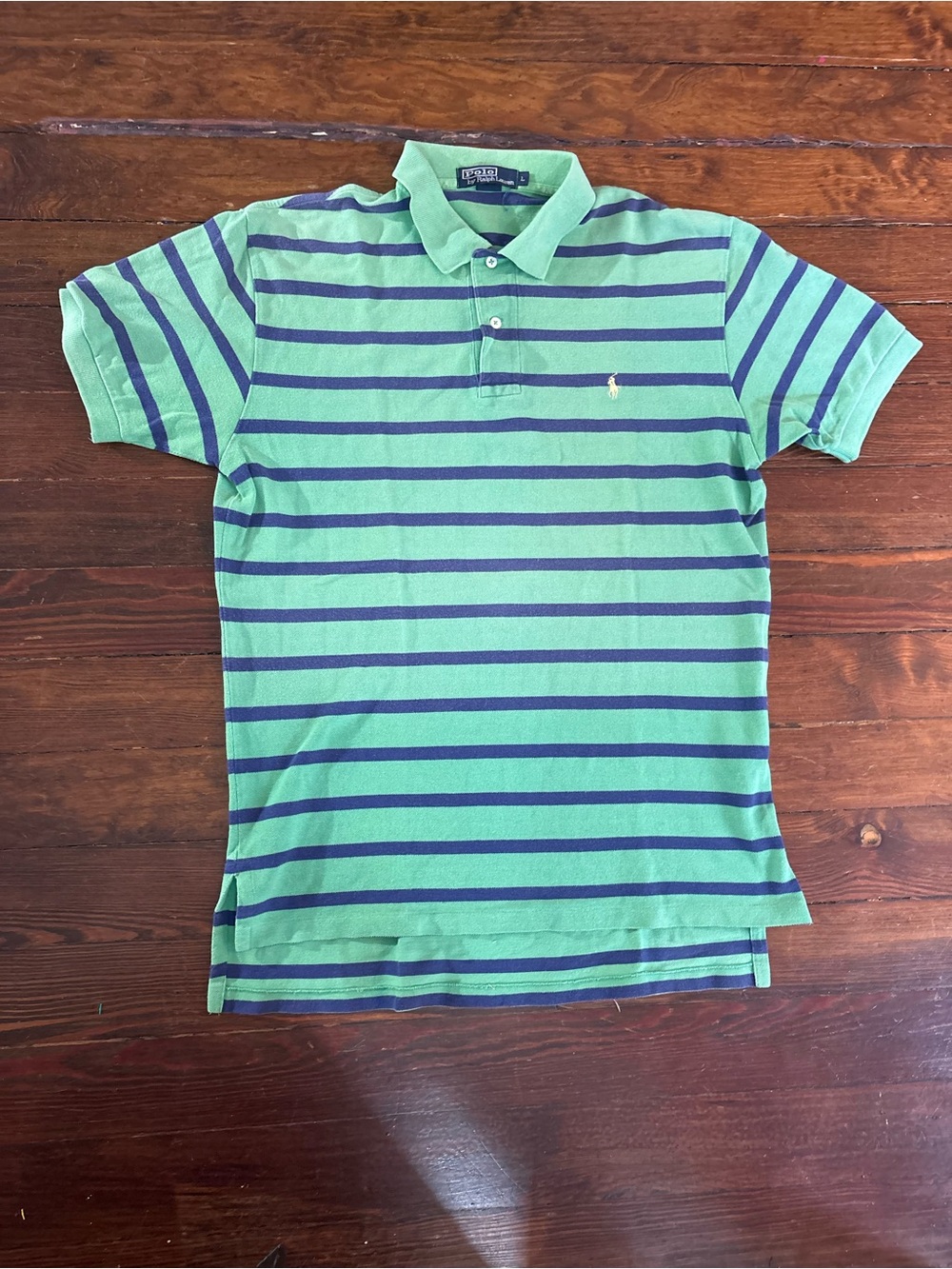 Vintage polo Ralph Lauren green blue striped short sleeve shirt size L